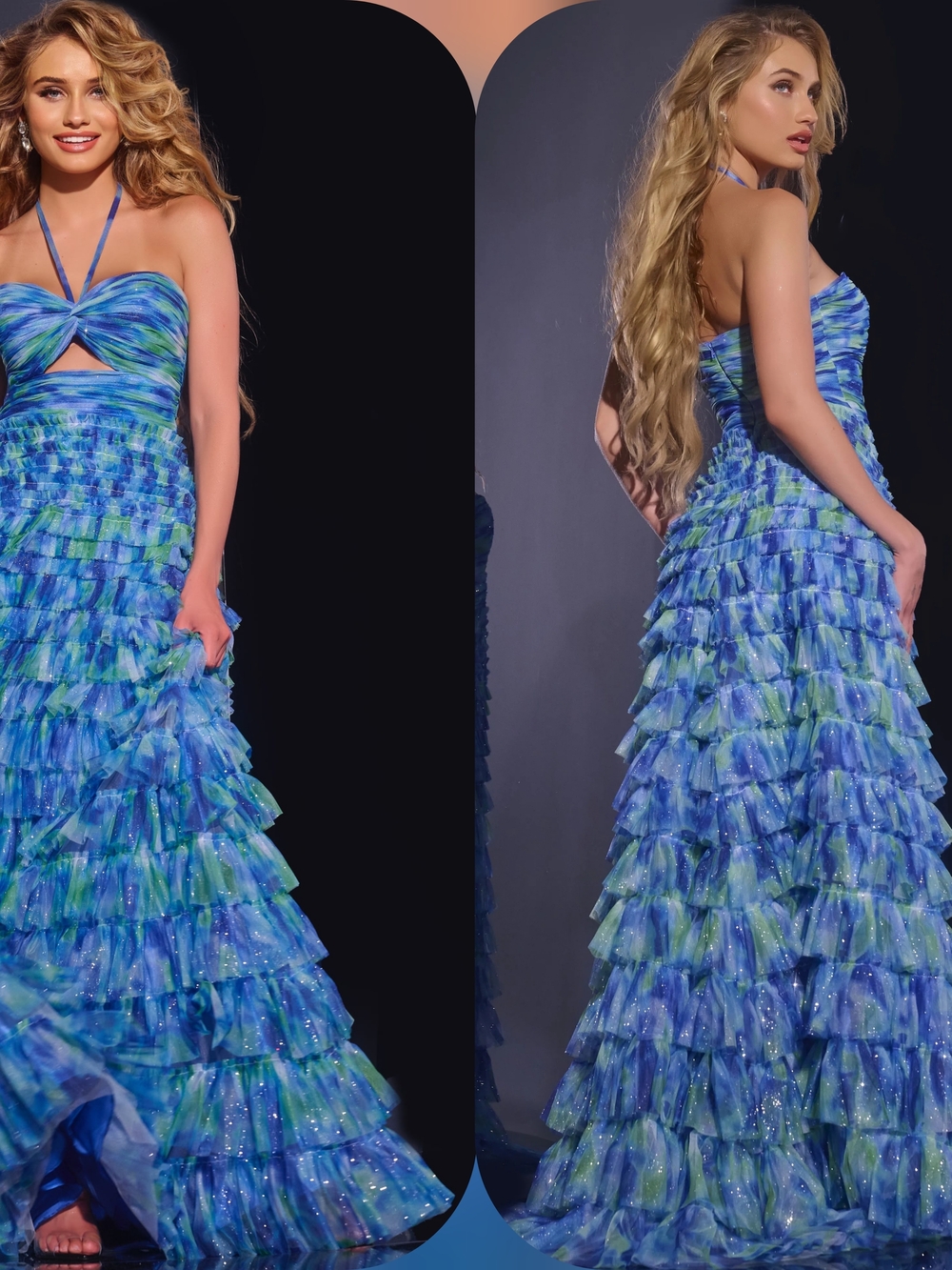 Jovani Blue-Green Ruffled Halter Gown